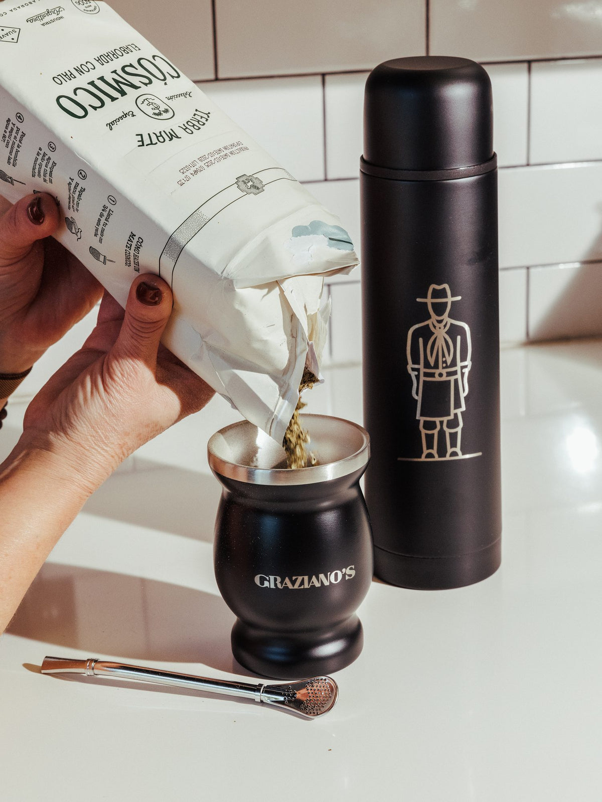 Pouring a mate at Graziano's Mercado