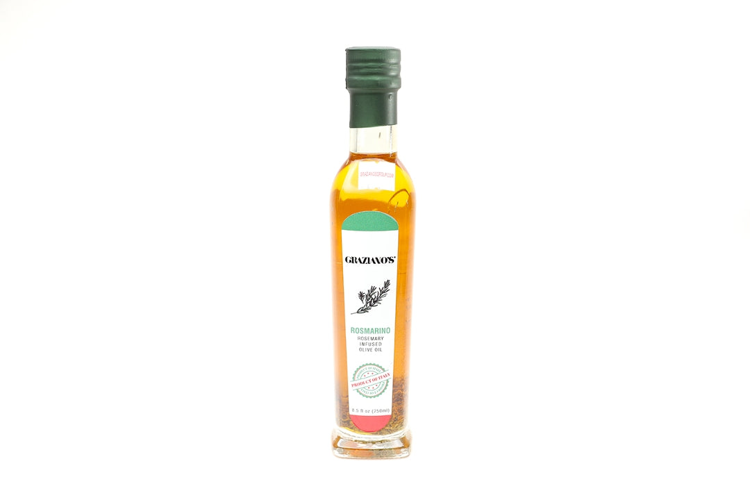 A bottle of Graziano's Rosemarino Oil with a label that includes the brand name and the type of oil. The bottle is upright and has a dark cap.